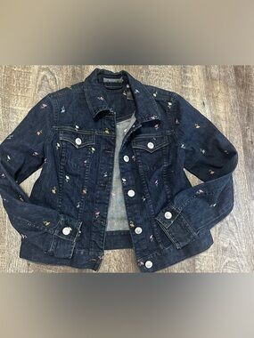 Rare HTF Liz Claiborne Dark Denim Jacket Floral Embroidery Contrast Stitch Med